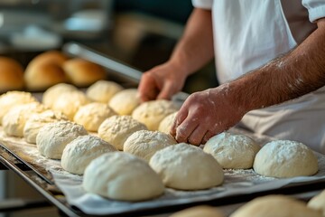 Baker preparing dough balls for baking bread