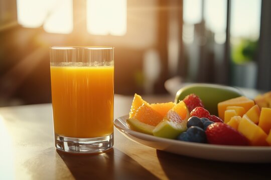 Obstplatte mit Orangensaft im Hintergrund
