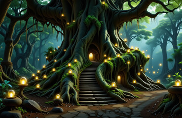 Enchanted forest with majestic ancient tree illuminated by mystical lanterns at dusk
