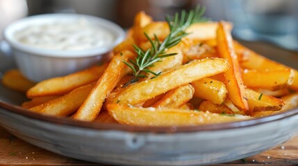 Golden french fries, rosemary garnish, creamy sauce.