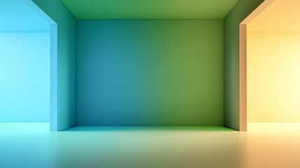 Empty room with green wall and colorful openings on the sides creating a gradient light on the floor and walls, perfect for backgrounds and product placements