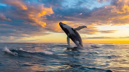 Jumping humpback whale over water. Madagascar. At sunset. Waters of the island of St. Mary.