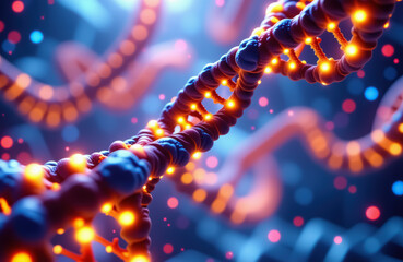 Close-up of glowing dna helix in digital molecular structure background
