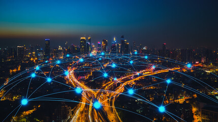 Fototapeta premium Smart digital city with connection cyber security network reciprocity over the cityscape . future smart wireless digital city and social media networking systems that connects people within the city