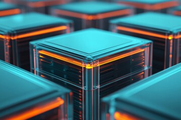 Obraz premium Futuristic environment 3d rendering of illuminated transparent cubes in art gallery