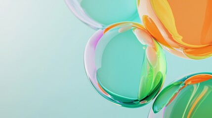 Abstract composition featuring vibrant, translucent spheres merging and blending together, creating a dynamic interplay of colors and shapes against a turquoise backdrop