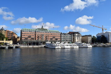 Fototapeta premium Archipelago Boats at Strömkajen in Front of the Grand Hotel, Stockholm, Sweden. 3 September 2015.