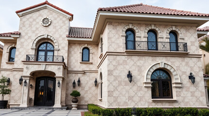 Obraz premium A large, beige-toned house with a red tile roof. The house features multiple arched windows and doors, detailed stonework, and exterior lighting fixtures. Landscaping is visible in the foreground.