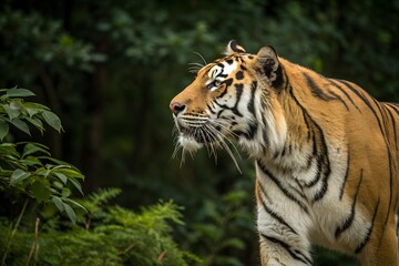 Fototapeta premium Tigers, the great hunters of the forest, are stealthy predators known for their striped coats, powerful builds, sharp instincts, and unmatched skill in stalking prey.
