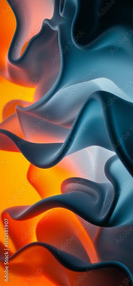 Poster smooth, undulating shapes in vibrant orange and calming blue intertwine, creating a mesmerizing abst