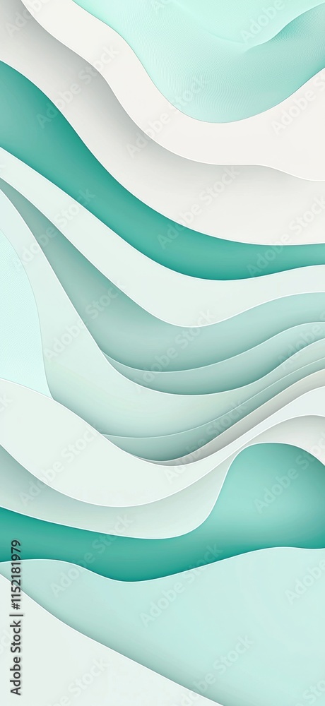 Poster turquoise and white layers of paper intertwining to create a wavy pattern, forming a modern and eleg