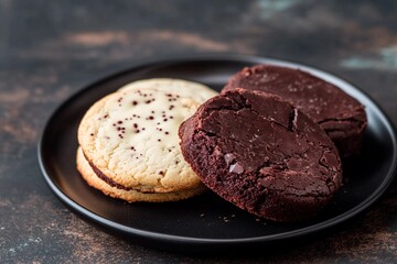 Fototapeta premium Deliciously crafted cookies on a dark plate for an indulgent dessert experience