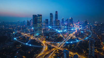 Obraz premium Smart digital city with connection cyber security network reciprocity over the cityscape . future smart wireless digital city and social media networking systems that connects people within the city
