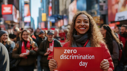 1st March, Zero Discrimination day concept. Celebration cover banner with happy people on city street