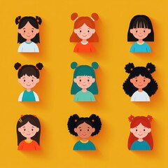 Fototapeta premium A colorful illustration showcasing diverse children's faces, each expressing unique personalities and styles against a bright background.