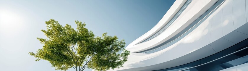 Obraz premium A modern architectural design featuring sleek lines, a white facade, and a solitary green tree under a bright blue sky.