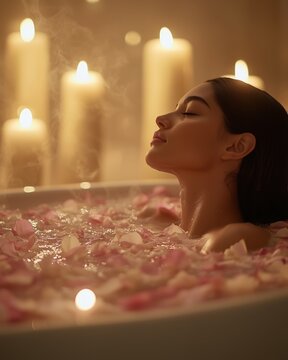 Frau entspannt sich in einer romantischen Badewanne