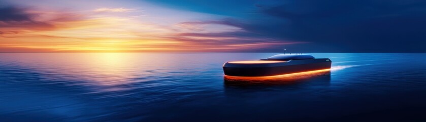Obraz premium A serene sunset over calm waters, featuring a sleek boat illuminated with soft lights, creating a peaceful and vibrant atmosphere.