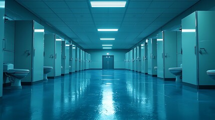 Fototapeta premium Long empty corridor with rows of toilets and doors