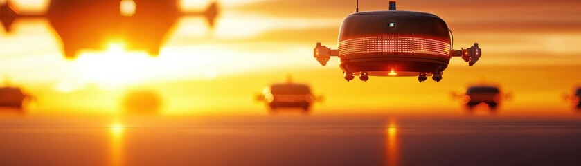 Obraz premium A futuristic scene featuring flying vehicles against a vibrant sunset, showcasing innovation and advanced technology.