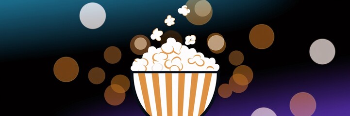 Popcorn in striped bowl against bokeh background.