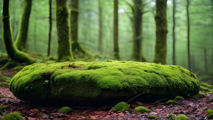 A stone covered with green moss in the forest. Wildlife landscape. Wide banner. Copy space. Design. Empty space for the product.