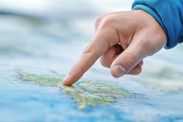 Close-up of a hand pointing at a location on a map, symbolizing travel planning and geographic exploration.