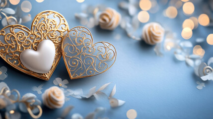 Elegant Valentine Day card design featuring gold foil hearts, white roses, and soft bokeh lights on blue background, evoking romance and sophistication
