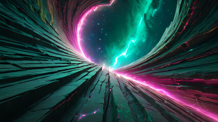 a massive crack in a cosmic dimension, glowing with iridescent hues of pink, green, and gold, with swirling vortexes and mysterious shadowy figures peeking through the fractures