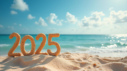 happy new year, 2025, beach banner