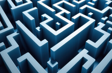 Complex blue maze structure with 3d perspective and dramatic lighting