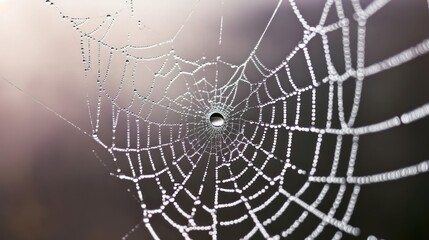 A close-up of a spider web adorned with dewdrops, showcasing intricate patterns.