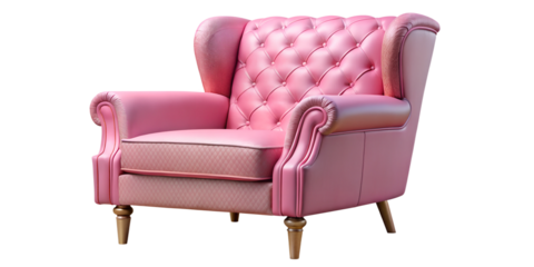 Elegant pink armchair with tufted back and wooden legs in a contemporary interior setting, showcasing modern design elements and vibrant color