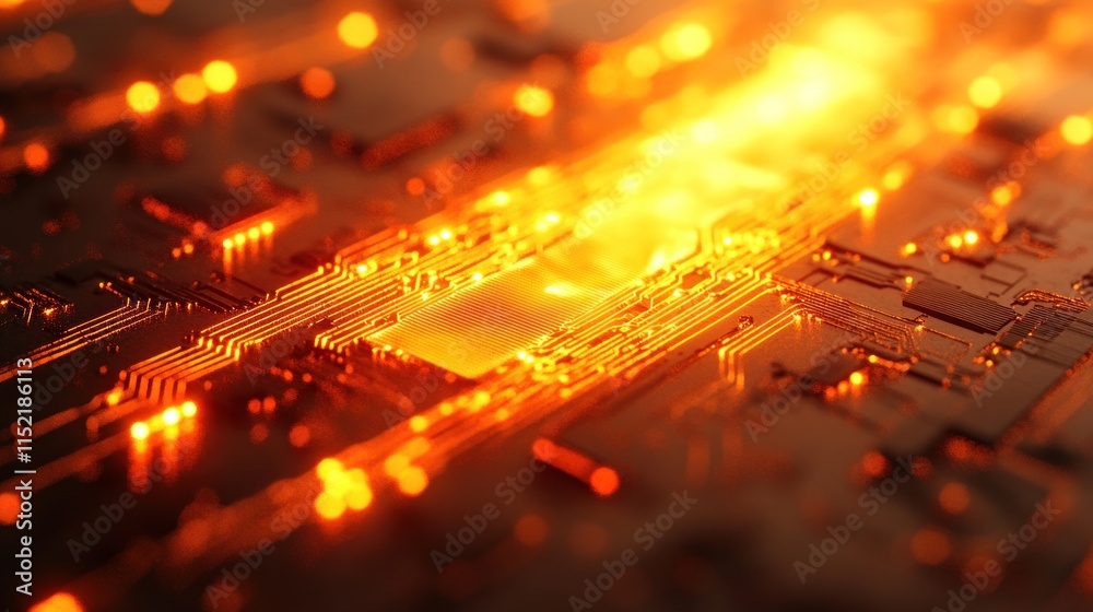 Wall mural close-up of a glowing orange circuit board with intricate pathways and components.