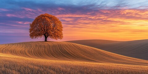  Lone tree in autumn field surrounded by swirling golden leaves. A tranquil scene of seasonal beauty and nature's transformation under soft golden light.