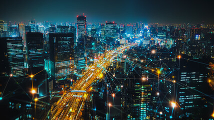 Fototapeta premium Smart digital city with connection cyber security network reciprocity over the cityscape . future smart wireless digital city and social media networking systems that connects people within the city