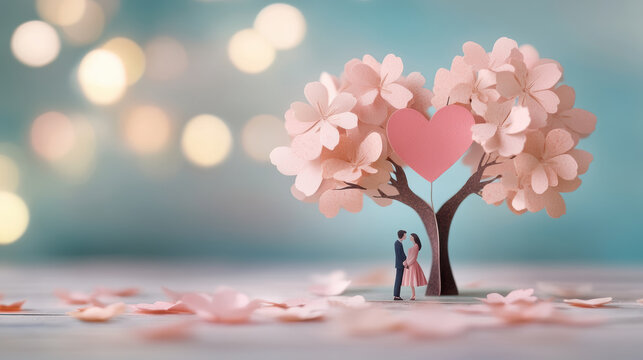 romantic pop up card design featuring couple under pink blossom tree with heart shaped balloon, evoking love and tenderness in dreamy setting