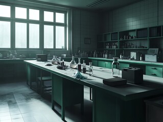Abandoned science lab, green, dusty.