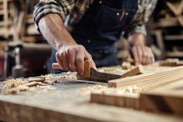Carpenter Shaping Wood With Hand Plane In Workshop