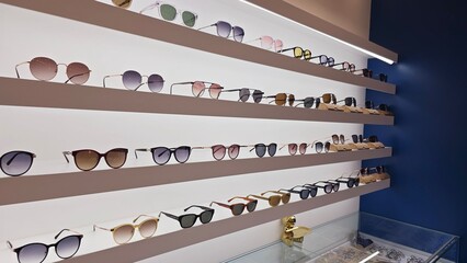 Sunglasses on display at an optical store