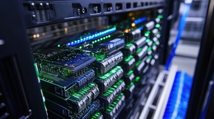 Closeup view of illuminated server hardware components