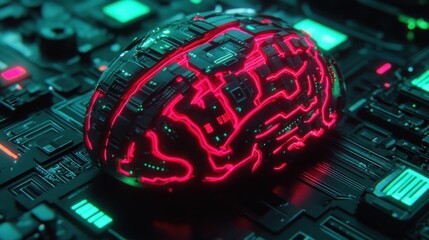 Futuristic brain on circuit board; AI, technology, neural network concept.