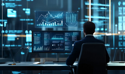 A professional analyzing data on multiple screens in a modern office, showcasing advanced technology and digital analytics.