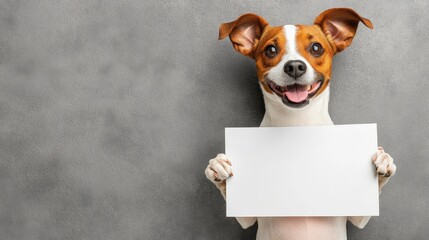 Happy Dog Holding Blank Sign - Joyful dog with a blank sign, perfect for your message.  Symbolizes: happiness, communication, announcement, pet adoption, friendship.
