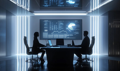 Modern office space with two silhouettes facing a large screen displaying data analytics and graphs in a high-tech environment.