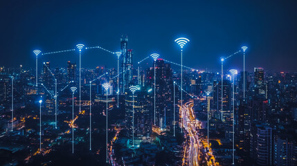Fototapeta premium Smart digital city with connection cyber security network reciprocity over the cityscape . future smart wireless digital city and social media networking systems that connects people within the city