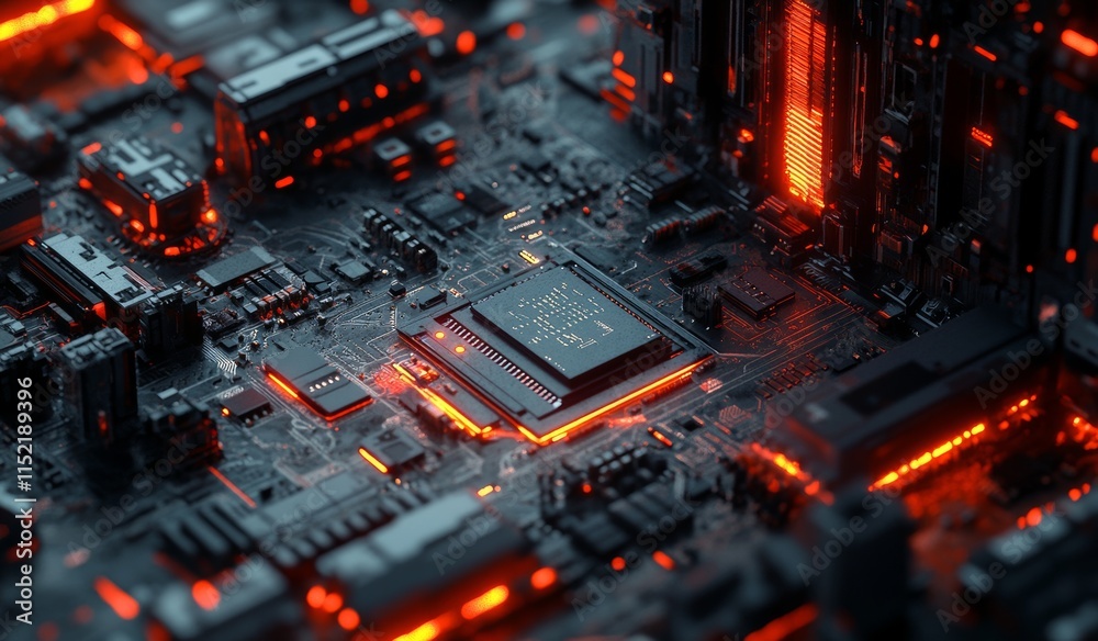 Fototapete 3d rendering of an advanced chip on a circuit board, showcasing intricate details and vibrant colors