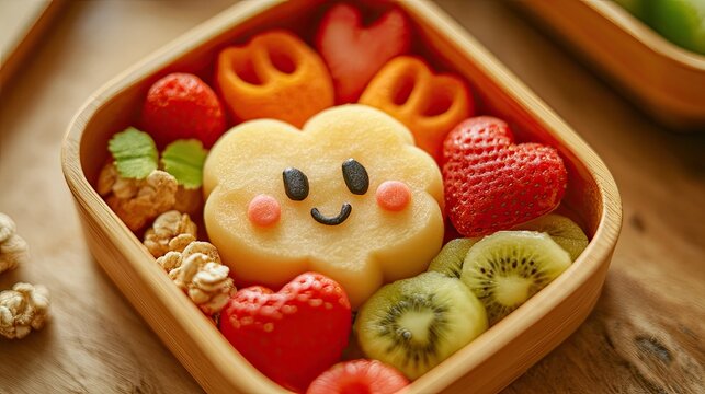 High-angle view of kidsâ€™ healthy lunch box with creative fruit shapes and whole-grain snacks, [child-friendly nutritious food], [parenting lifestyle]