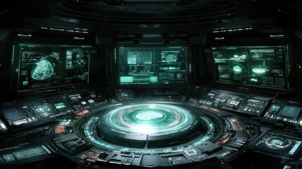 Fototapeta premium Futuristic control room interior with holographic brain display and multiple monitors showing medical data.