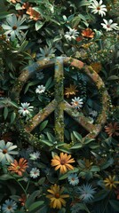 A peace sign is surrounded by a bunch of flowers. The peace sign is made of wood and has a green and brown color. The flowers are of different colors and are scattered around the peace sign